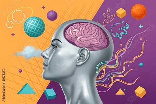 Creative thought process visualized with a human head and abstract elements