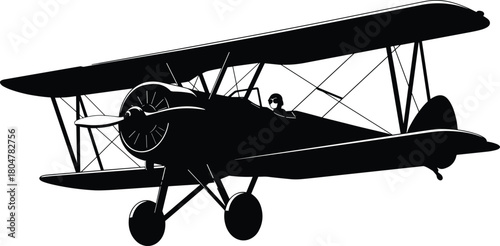 Vintage biplane silhouette, early aviation aircraft, open cockpit pilot, historical airplane, black and white, WWI era, propeller plane, retro flying machine