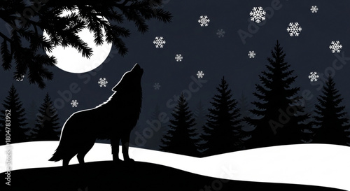 Majestic wolf howls at bright full moon during snowy winter night in dark forest, evoking wild nature and solitude