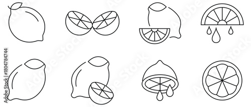Lemon icon set. Vector Art Lemon slice Icon. Lemon linear vector outline, lime farm fruit citrus line icons set. Vector illustration.