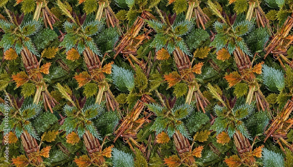 Obraz premium Intricate Botanical Pattern Featuring Green Pine Needles Amber Leaves and Brown Pine Cones in a Textured Mosaic Design