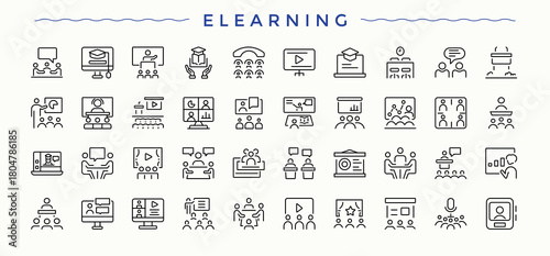 E learning icon collection. Perfect for logos and infographic. Editable stroke. Pixel Perfect. Learn modern icon set. Pictograms of study, web, school, education, learn, webinar and more.