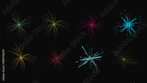 Colorful Abstract Firework Bursts on Black Background