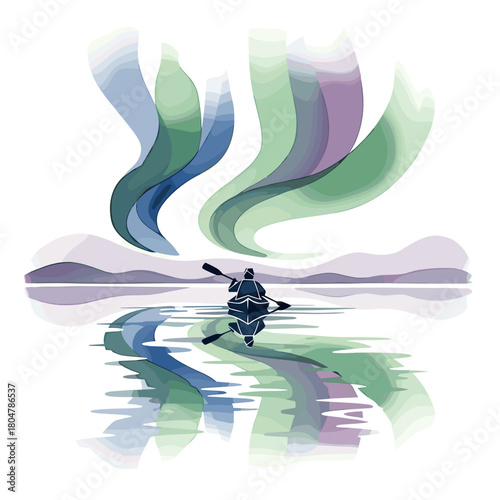 Person kayaking under colorful Northern lights reflection on water  