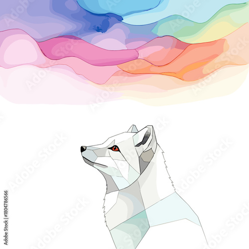 Arctic fox gazing at colorful sky with abstract patterns above  