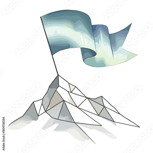 Geometric mountain peak with flag representing Northern lights  