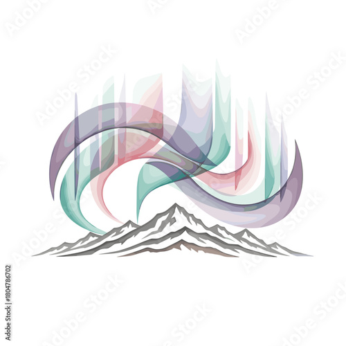 Abstract representation of Northern lights over mountain range  