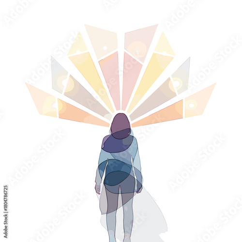 Silhouette of a person standing with colorful lights behind them  