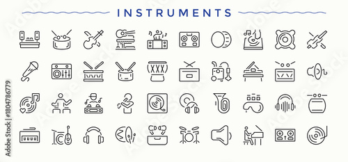  Instruments icon set. Web icons pack. Editable vector art. Entertainment linear icon set. It contains symbols to music, guitar, bass, concert, entertainment, instrument and more.