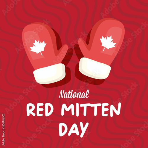 Celebrate national red mitten day with warm red mittens on red abstract background. Red mittens day 21 November Canadian holiday greeting card