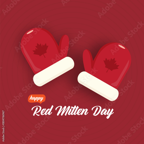 Celebrate national red mitten day with warm red mittens on red abstract background. Red mittens day 21 November Canadian holiday greeting card