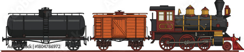 Vintage steam locomotive, wooden boxcar, tank car, historical railway transport, classic train, industrial freight, retro engine, old rail vehicle