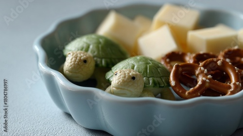 Tiny turtle-shaped gummies nestle with cheese cubes and pretzels, evoking whimsical snack-time tales and Picnic Day delights