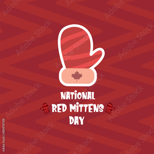 Celebrate national red mitten day with warm red mittens on red abstract background. Red mittens day 21 November Canadian holiday greeting card