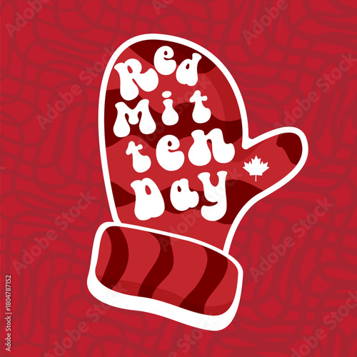 Celebrate national red mitten day with warm red mittens on red abstract background. Red mittens day 21 November Canadian holiday greeting card