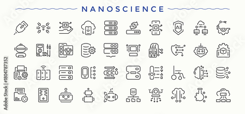 Nanoscience linear icon collection. Modern thin line style icons. Pack of technology, research, tech, nano, lab, innovation. Pictogram and infographic. Tech simple icon set.