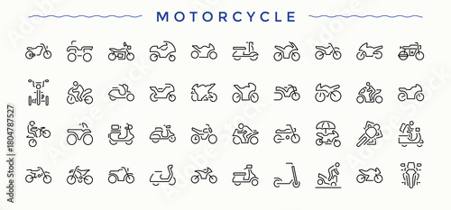 Set of Motorcycle line icon. Included transport, bicycle, motor, vehicle, transportation. Outline icons collection. Cycle icon set. Editable vector stroke.