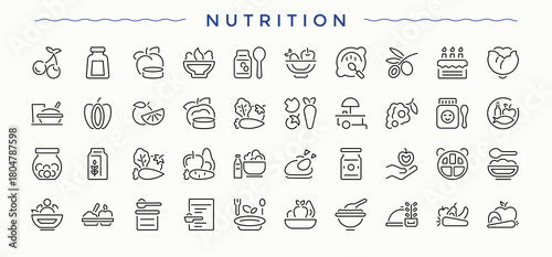 Nutrition linear icon set. Line symbol and sign. Metabolism icon set. Pictograms of metabolism, nourishment, protein, healthy, food, nutrient and more.
