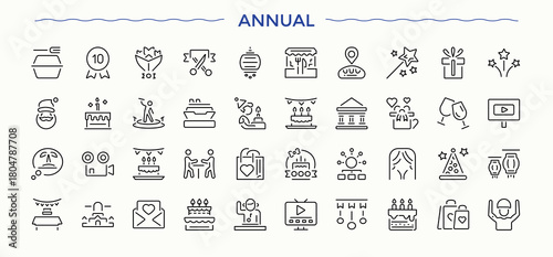 Annual icon set. Featuring enjoy, enjoy, fun, happy, event, celebrate and more. Joy icon collection. Modern vector illustration. Pixel perfect. Vector illustration.