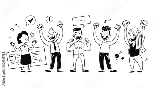 Happy team celebrating success achievement doodle illustration
