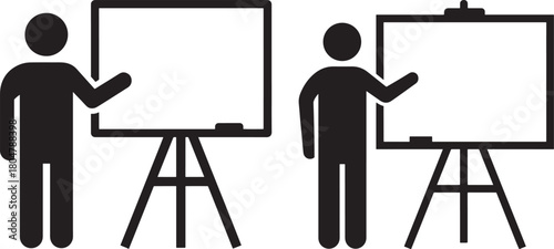 Two people presenting at whiteboards silhouette