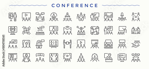 Set of Conference line icon. Contains such icons as work, group, meeting, presentation, seminar, people and more. Outline icons pack. Meeting icon set. Editable vector illustration.