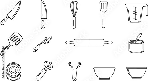 Essential kitchen tools and utensils outline, ready for culinary projects, cooking classes, food blogs, and recipe illustrations with a modern minimalist style