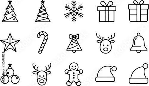 Festive Christmas Icons Set: Celebrate the Holiday Season with Joyful Tree, Gift, Snowflake, Star, and Candy Cane Designs Originally Scalable Vector Graphics