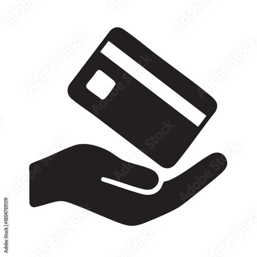 a black and white illustration depicts a hand holding a credit card symbolizing finance and payments