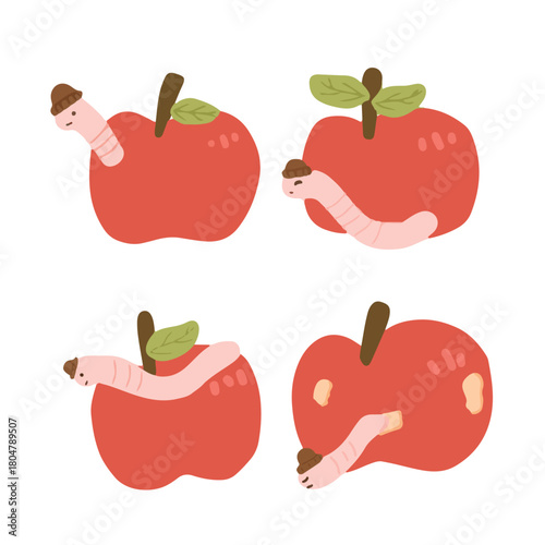 Hand-Drawn Worms and Apples Vector Set with Cute Apple Bites and Worm Characters