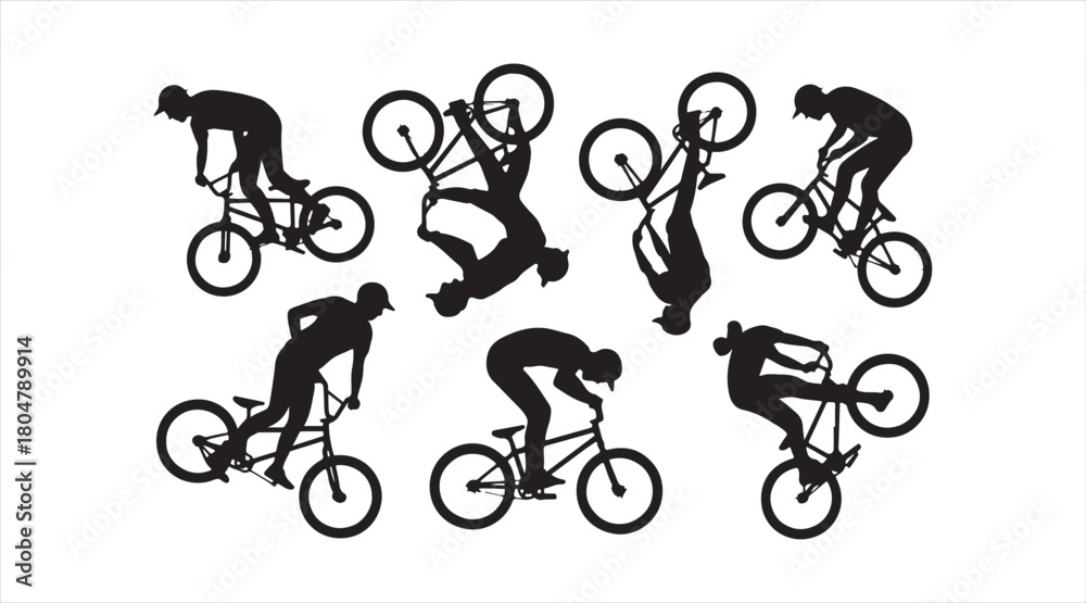 Fototapeta premium Freestyle bicycle trick icon pack with riders in various action poses