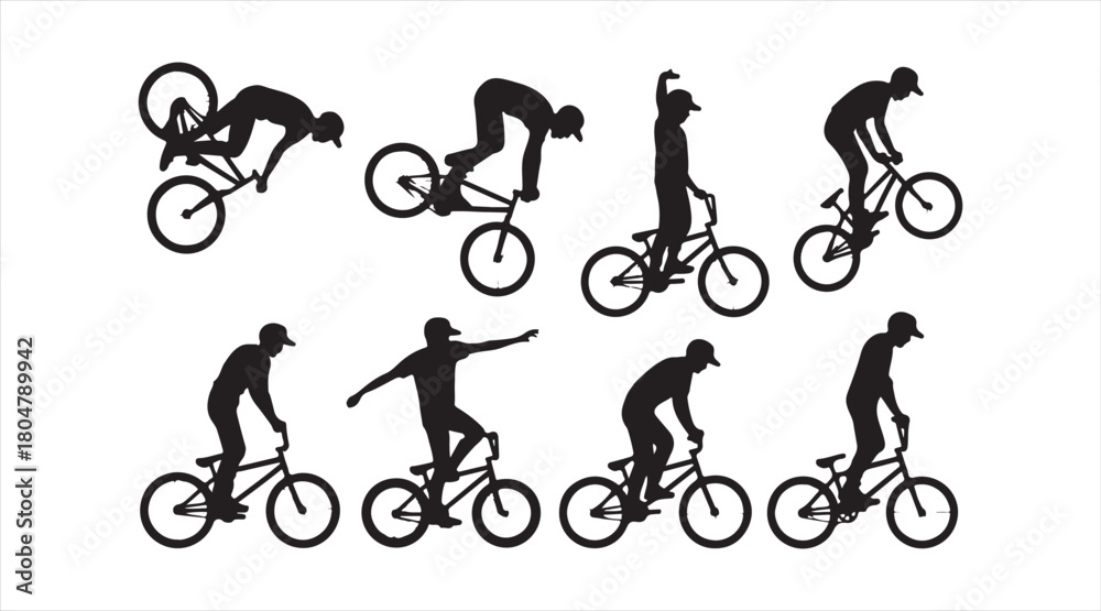 Fototapeta premium Monochrome vector set of BMX athletes performing aerial and ground stunts