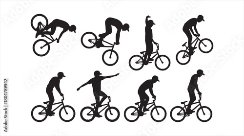Monochrome vector set of BMX athletes performing aerial and ground stunts
