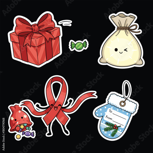 Cute cartoon Christmas and holiday gift items with faces, including a present, candy, sacks, a ribbon character, and a mitten gift tag.