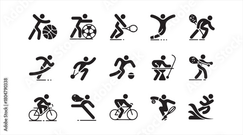 Multisport athlete silhouette icon set featuring diverse action poses in vector style