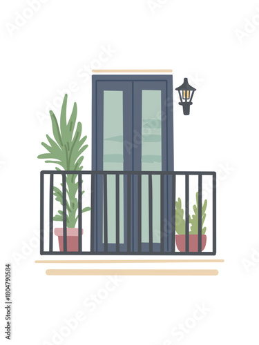 cozy balcony with wall lantern and potted plants