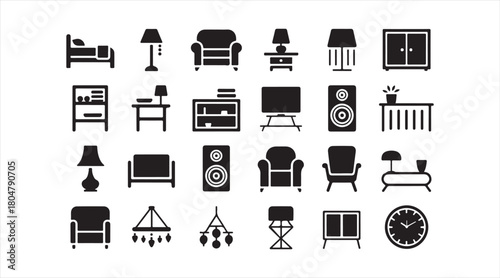 Home furniture icon set featuring modern interior decor elements in vector style