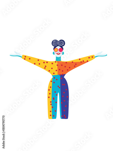 smiling clown woman with rainbow wig and festive costume