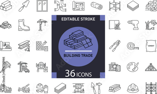 Minimal Building Trade line icons featuring construction tools, brickwork, carpentry, plumbing, electrical work, roofing, and contractor essentials