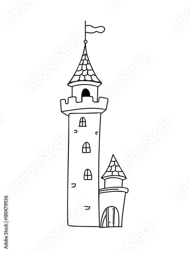 whimsical hand-drawn castle with flags, towers, and fantasy details