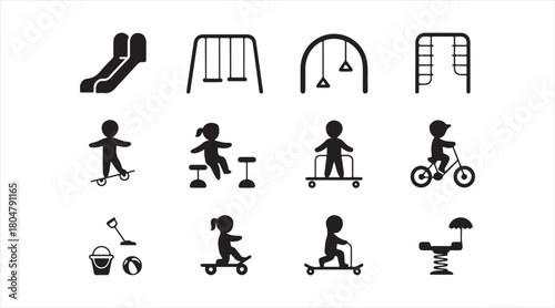 Outdoor play and recreation icon pack featuring equipment and child figures