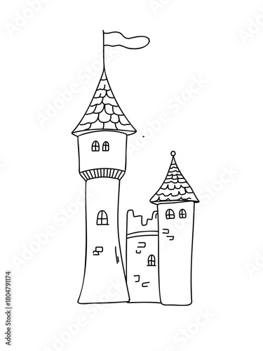 hand-drawn doodle castle with playful details and fantasy elements