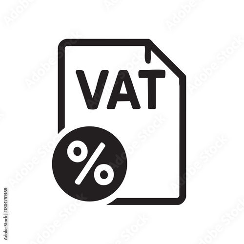 A simple black and white icon depicting a vat tax form with a percentage symbol attached