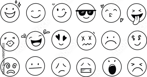 Collection of hand drawn smiley faces expressing diverse emotions