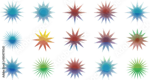 Fifteen colorful halftone starburst shapes on white background