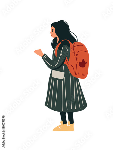 happy schoolgirl carrying colorful backpack in cheerful mood