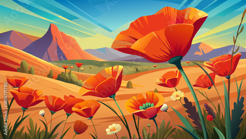 Very beautiful cluster of poppy blossoms flourishing in the New Mexico landscape, showcasing vivid petals, warm desert sunlight, and a serene natural setting across open terrain.