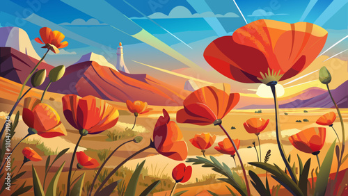 Very beautiful cluster of poppy blossoms flourishing in the New Mexico landscape, showcasing vivid petals, warm desert sunlight, and a serene natural setting across open terrain.