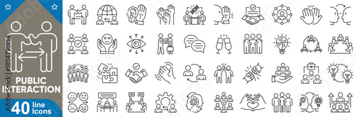 Public interaction icons set. Communication, crowd, announcement, social, community, speaking, gathering, interaction, presentation, public talk, events, and more symbols.
