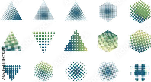 Collection of dotted triangles and hexagons in blue and green